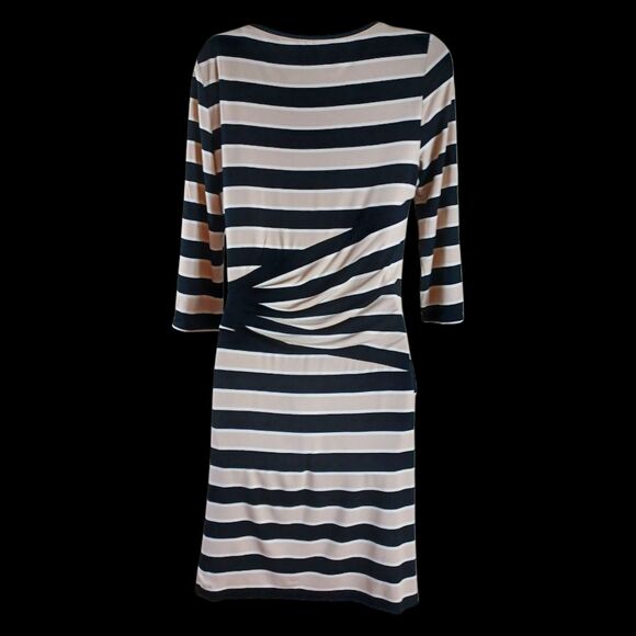 White House Black Market Tie Dress 6 Taupe Black Stripe Knit 3/4 Sleeve Bodycon - Picture 7 of 10